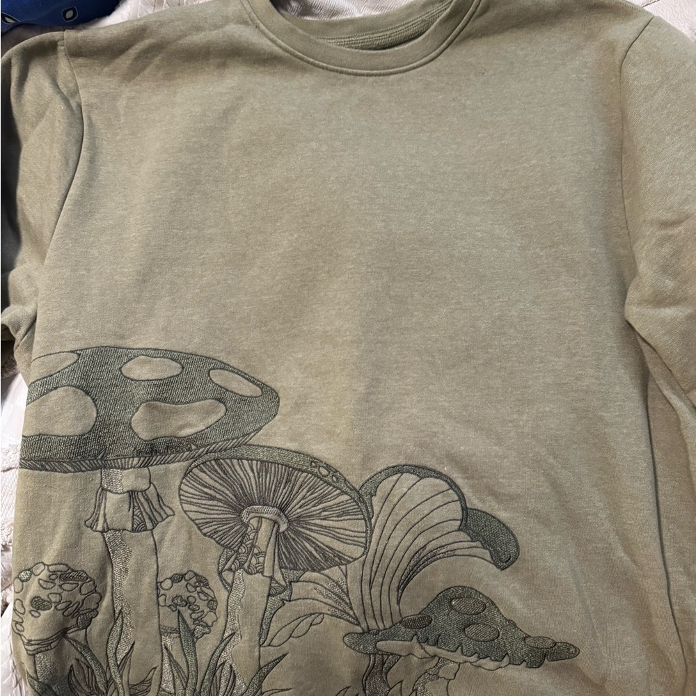 Men's Green Crewneck Sweater with Mushroom Design